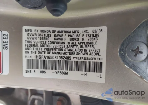 2008 Honda Civic Lx from USA, damaged, VIN 1HGFA16508L082405